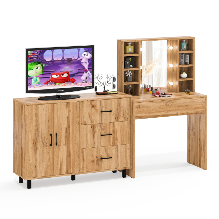 С зеркалом, Туалетный столик с подсветкой 115 и тумба-комод 123-1204