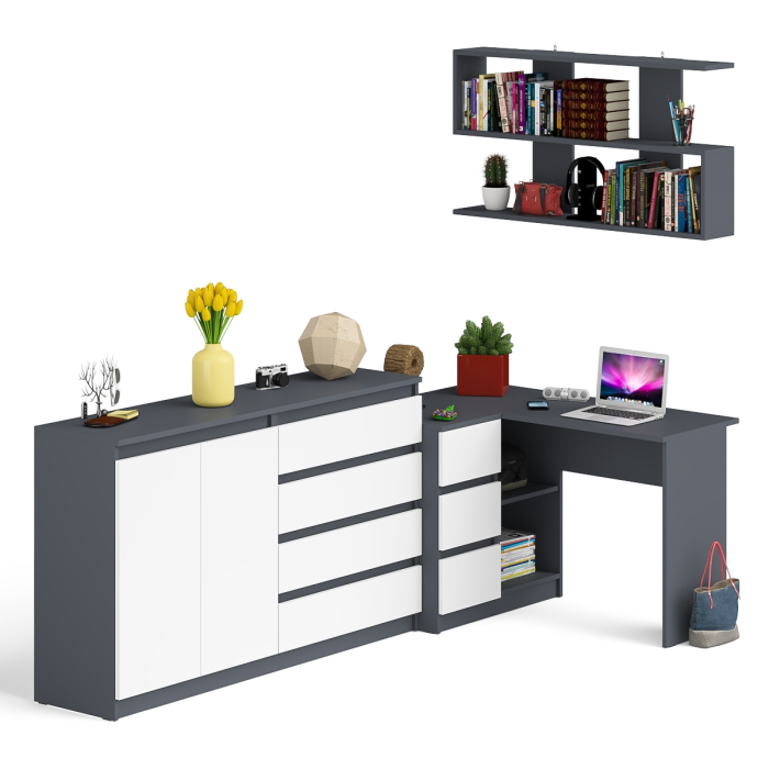 Домашние кабинеты, Угловой компьютерный стол с тремя ящиками Мори МС-16 левый с тумбой-комодом и книжной полкой