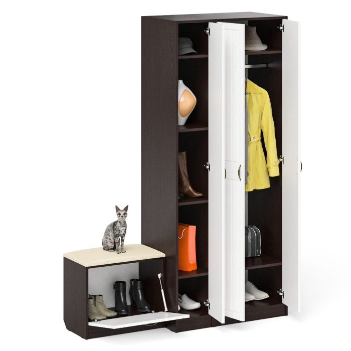 Прихожие, Шкаф с пеналом и тумбой для обуви с мягким сиденьем П-6-500 фрезеровка прованс