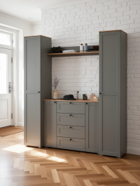 Два платяных пенала в прихожую с комодом Остин и навесной открытой полкой