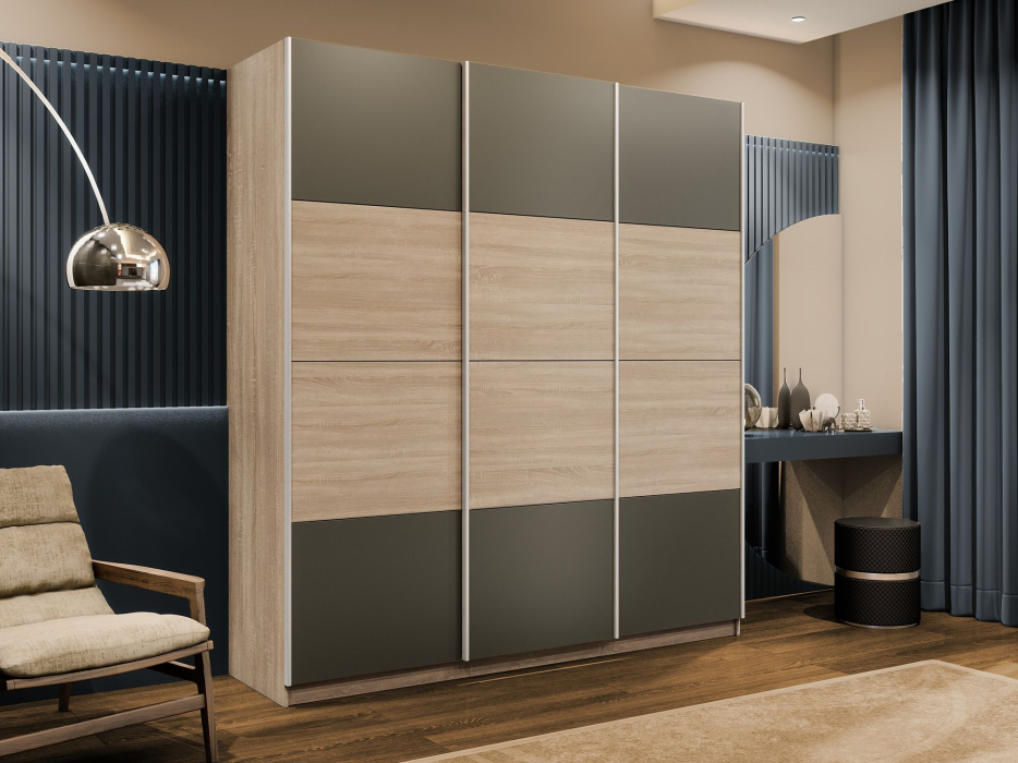 Шкафы-купе 3-х дверные, Шкаф-купе Эста 3-х дверный ДСП/Стекла хаки/Доводчик 270х66х240