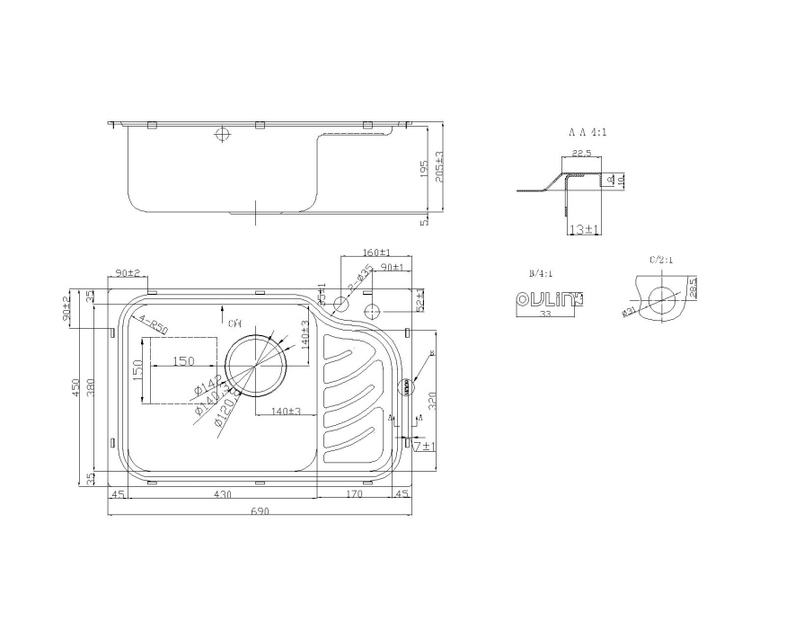 Кухонные мойки, Мойка Oulin OL-327L