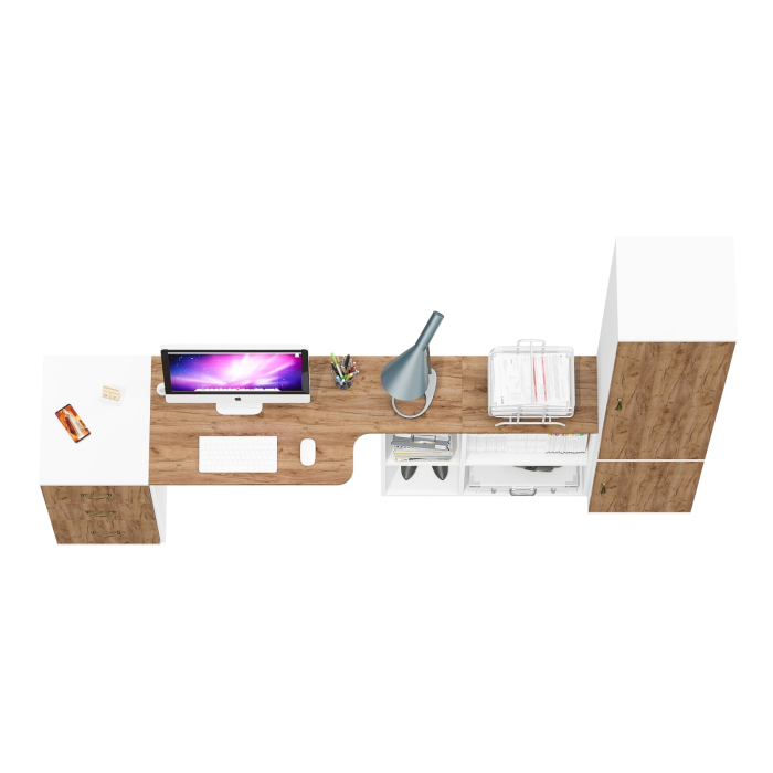 Домашние кабинеты, Тумбочка с выдвижными ящиками и письменный стол Лидер-8 с узким шкафом пять полок 22Б