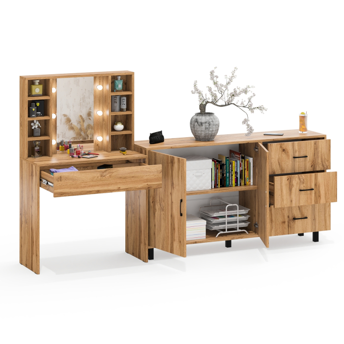 С зеркалом, Косметический cтол с подсветкой и ящиком 115 и комод 123-1604