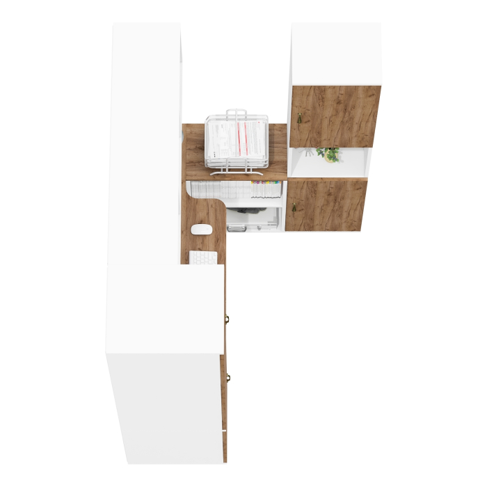 Домашние кабинеты, Шкаф узкий с открытой нишей Лидер-8 с пеналом 23Б со столом для работы и настенной полкой