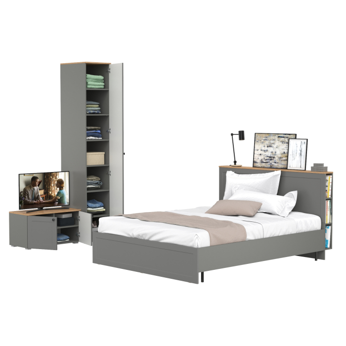 Спальные гарнитуры, Тумба с дверками Остин 13.257 с кроватью 1600 с основанием и пенал для одежды