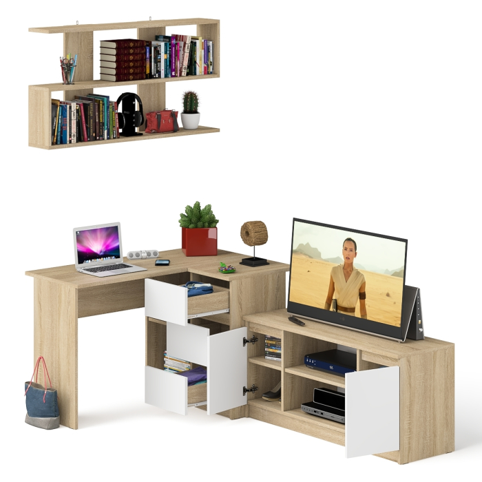 Домашние кабинеты, Стол угловой компьютерный Мори МС-16 правый с книжной полкой и ТВ-тумбой МТВ1200.1