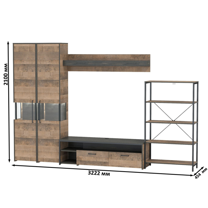 Стенки для гостиной, Мебель модульная в стиле лофт с пеналом-витриной с подсветкой Трувор № 27