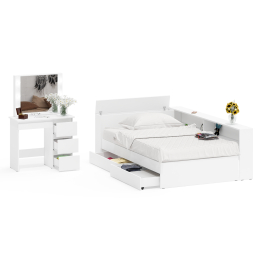 Кровать с прикроватным блоком с ящиками Ксения 1200 и туалетный столик с подсветкой Сура