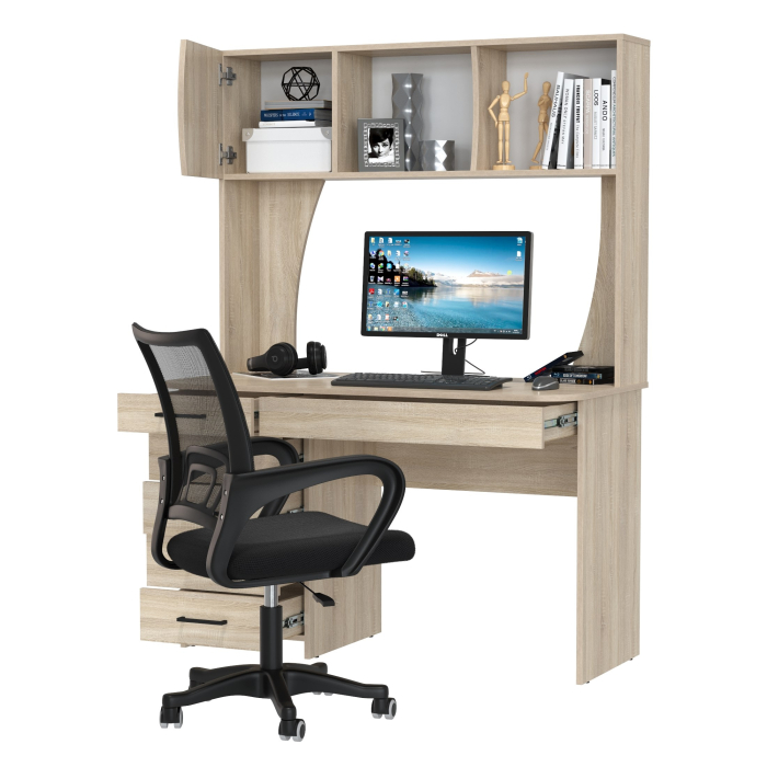 Прямые компьютерные столы, Стол компьютерный с надстройкой Сигма и компьютерное кресло чёрное