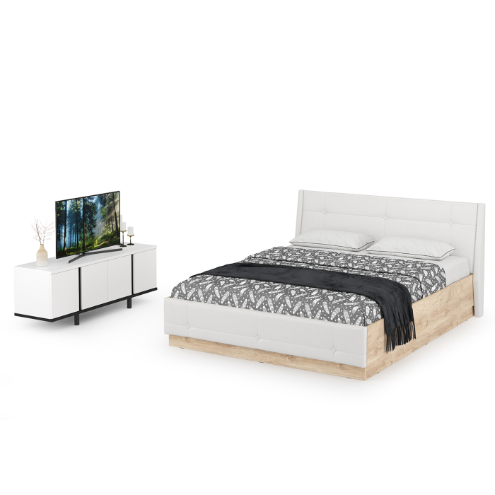 Спальные гарнитуры, Комплектация Муссон № 29 белый/чёрный/дуб эндгрейн/иск.кожа белая, 1600х2000 мм