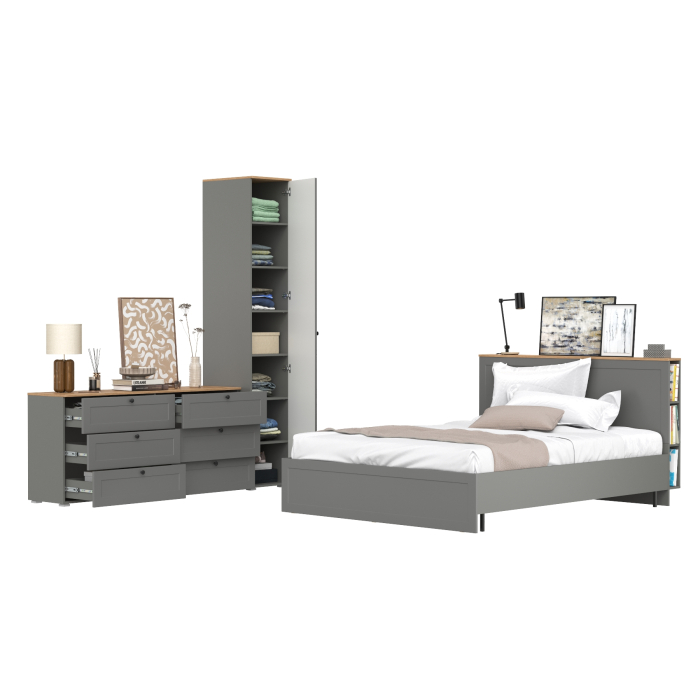 Спальные гарнитуры, Бельевой шкаф-пенал Остин с кроватью с основанием и комодом на 6-ть ящиков