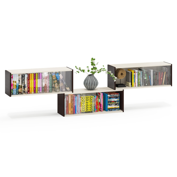 Настенные полки, Три книжные полки КН1 со стеклянными сдвижными дверками