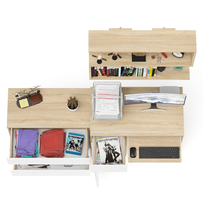 Прямые компьютерные столы, Однотумбовый стол компьютерный Мори МС-1 левый с комодом три ящика и навесной полкой 900