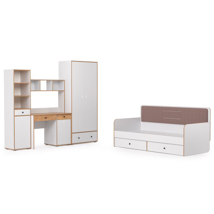 Для девочек, Вуди Компоновка № 36 белый премиум/дуб крафт золотой/саванна латте, сп. м. 900х2000 мм., б/м, о/е, матрас высотой до 200 мм.