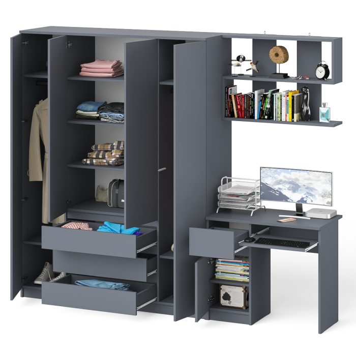 Домашние кабинеты, Четырёх-дверный шкаф-комод Мори МШ1600.1 с компьютерным столом МС-1 тумба слева и верхней полкой