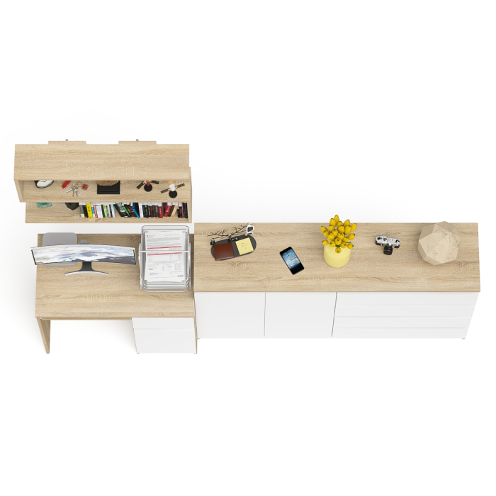 Домашние кабинеты, Тумба-комод с дверками и ящиками на 1600 со столом с тумбой и ящиком справа и навсеной полкой Мори