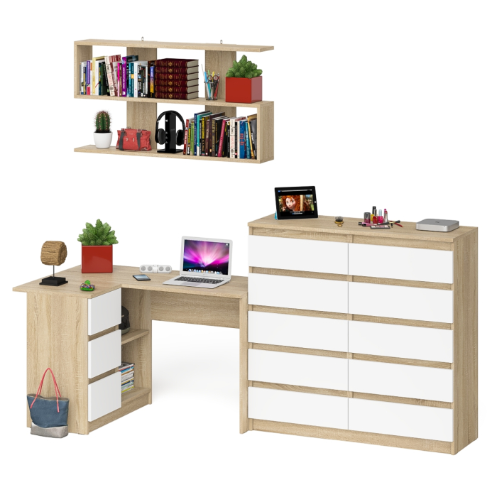 Домашние кабинеты, Стол угловой компьютерный Мори МС-16 левый с комодом на 10-ть ящиков и полкой на 1200