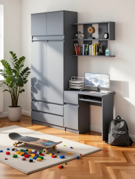 Стол однотумбовый Мори МС-1 левый с полкой навесной и комодом-шкафом с антресолью