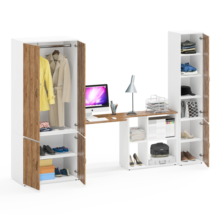 Домашние кабинеты, Шкаф для белья глубокий с пеналом с полками для бумаг и рабочий стол Лидер-8