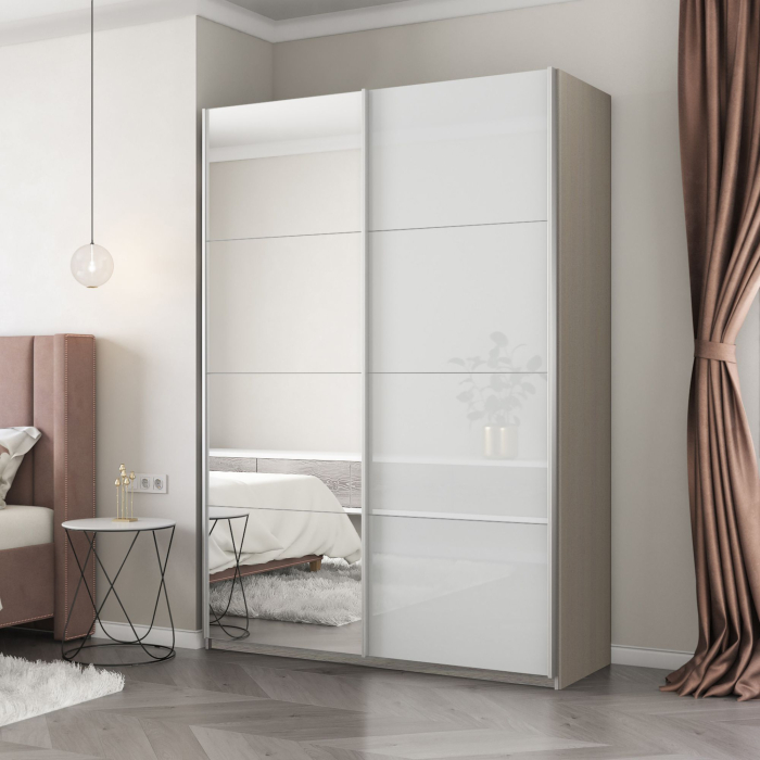 Шкафы-купе 2-х дверные, Шкаф-купе Прайм 2-х дверный Зеркало/Стекло белое/Доводчики 120х57х230