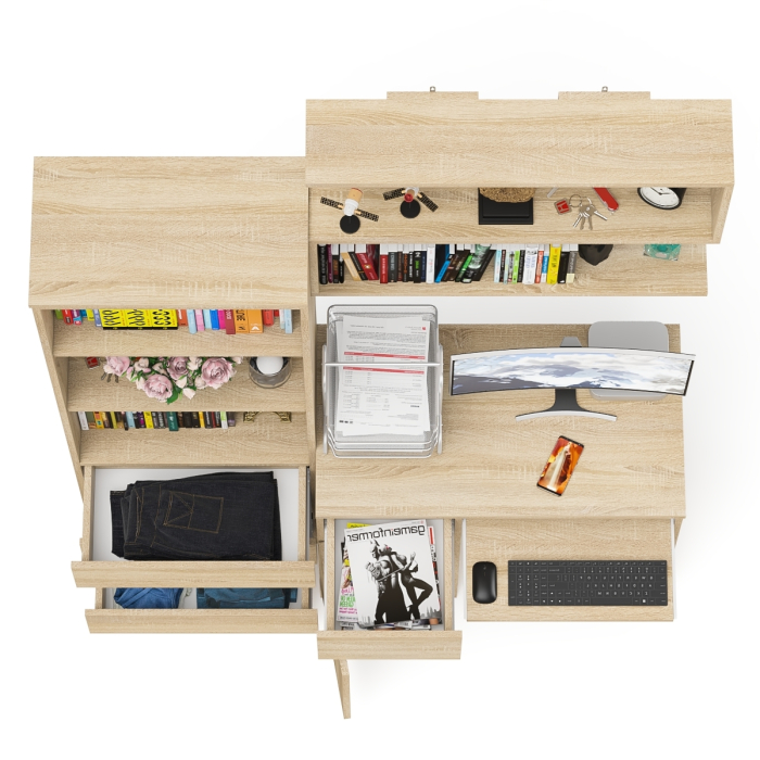 Прямые компьютерные столы, Рабочее место из стола компьютерного МС-1 левый со стеллажоми и настенной полкой Мори