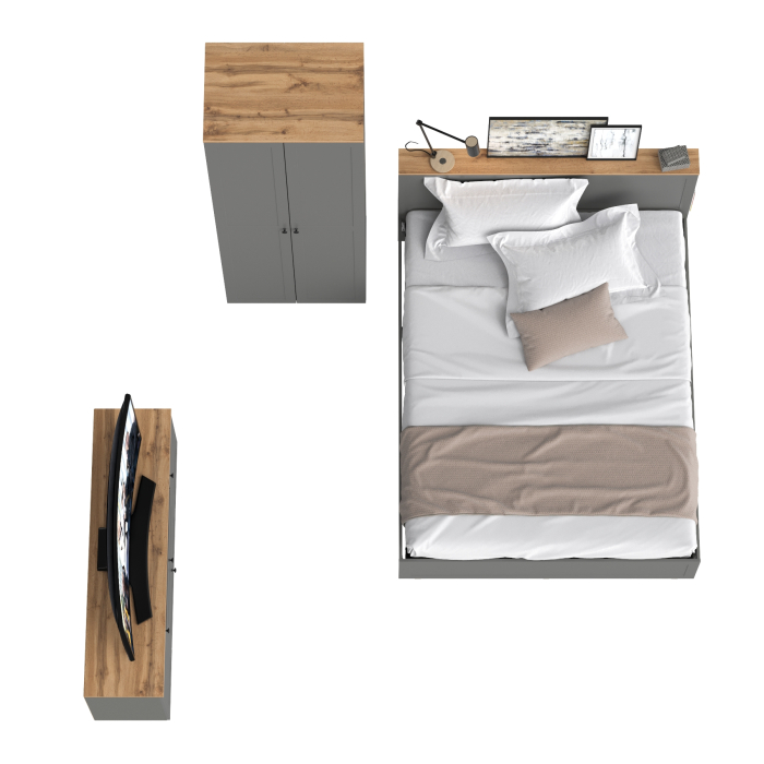 Спальные гарнитуры, Мебель в спальню Остин из тумбы под ТВ с кроватью с ортопедом на 1600 и шкафа-комода для одежды 13.336.02