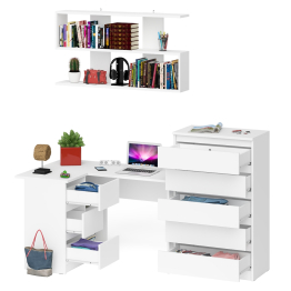 Угловой компьютерный стол Мори МС-16 левый с навесной полкой и высоким комодом на 5-ть ящиков