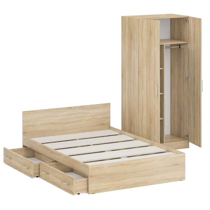 Спальные гарнитуры, Двуспальная Кровать с ящиками 1400 со шкафом для одежды 2-х створчатым Стандарт