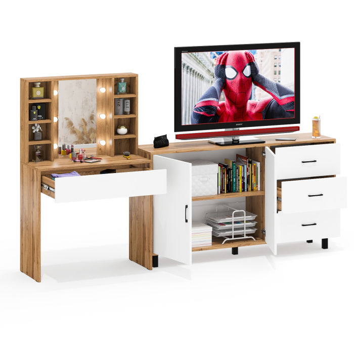 С зеркалом, Косметический cтол с подсветкой и ящиком 115 и комод 123-1604