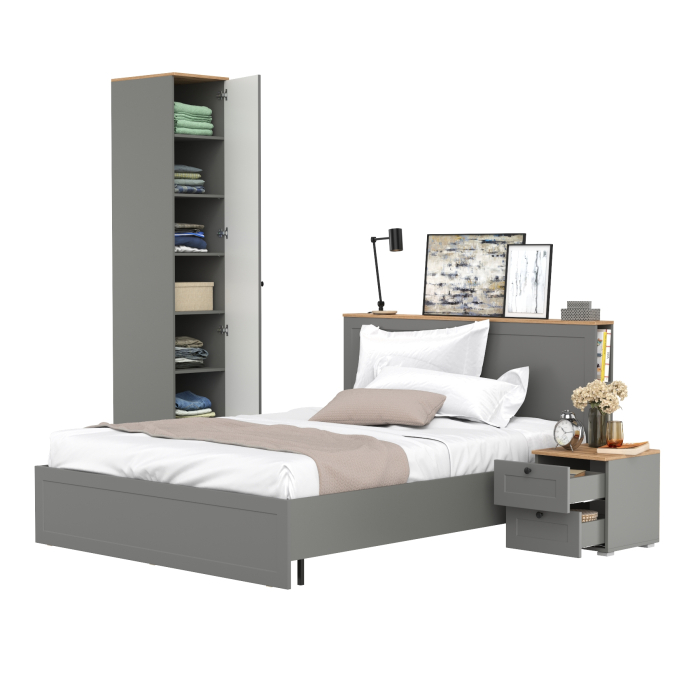 Спальные гарнитуры, Кровать двуспальная Остин с ортопедом и платяной шкаф-пенал с тумбой прикроватной