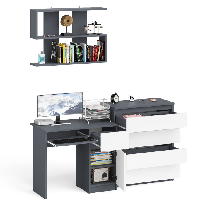 Прямые компьютерные столы, Комод Мори четыре ящика на 800 с компьютерным однотумбовым столом МС-1 правый и навесной полкой