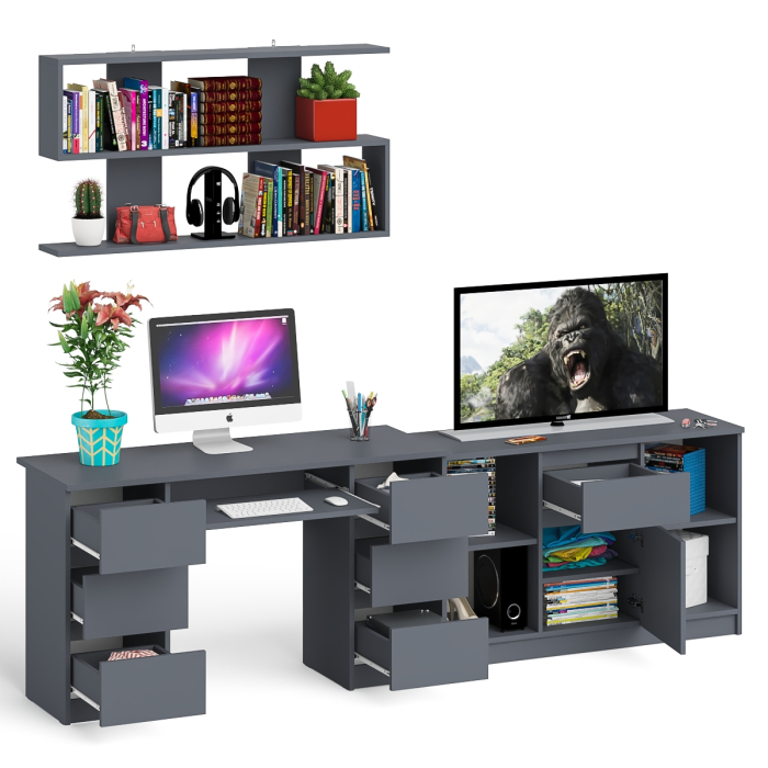 Домашние кабинеты, Стол письменный двухтумбовый Мори МС-2 с навесной открытой полкой и тумбой под ТВ