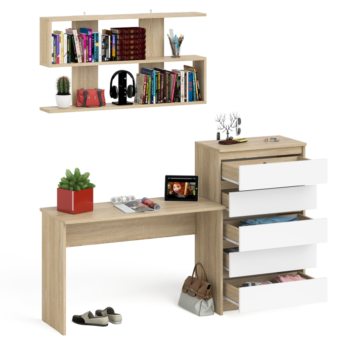 Прямые компьютерные столы, Комод высокий Мори пять выдвижных ящиков со столом для работы на 1200 и навесной полкой 1200