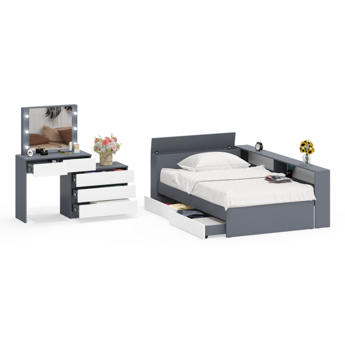 Спальные гарнитуры, Туалетный столик для спальни с подсветкой 110 и Ксения кровать 1200 с ящиками и прикроватный блок