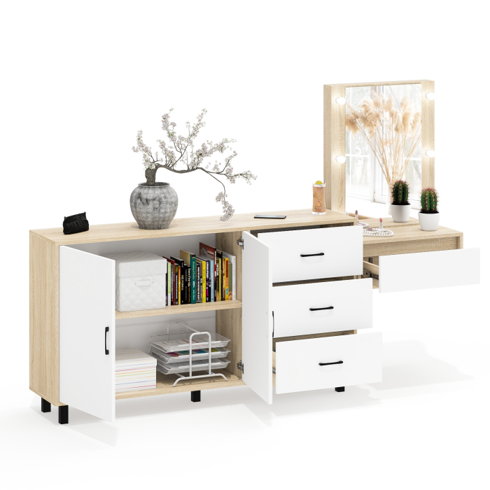 С зеркалом, Косметический навесной столик с подсветкой и комод с ящиками и дверками 123-1604