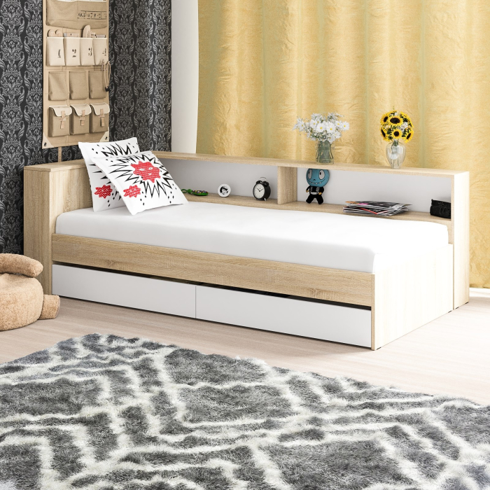 Кровати 90 см, Кровать односпальная 900 с ящиками и прикроватным блоком Ксения