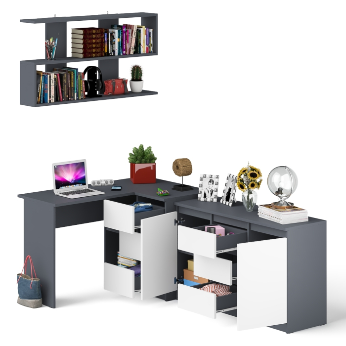 Домашние кабинеты, Стол компьютерный угловой МС-16 правый с навесной полкой и тумбой МК-1200.3 Мори