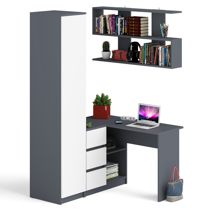 Домашние кабинеты, Угловой компьютерный стол с ящиками Мори МС-16 левый с книжной полкой и пеналом с полками