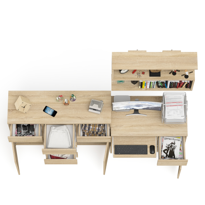 Домашние кабинеты, Тумба-комод Мори МК1200.4 с компьютерным столом МС-1 правый и открытой навесной полкой