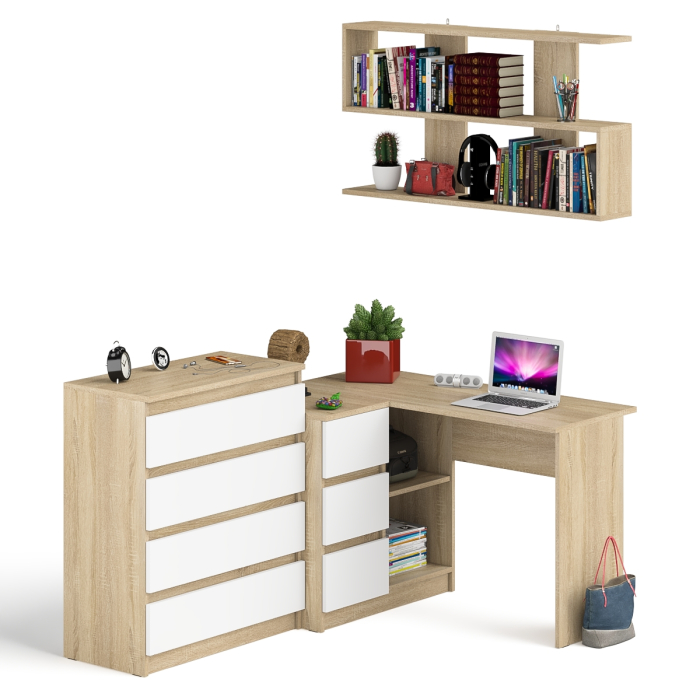 Домашние кабинеты, Стол компьютерный Мори МС-16 с тремя ящиками слева с книжной полкой на 1200 и комод на 4-ре ящика
