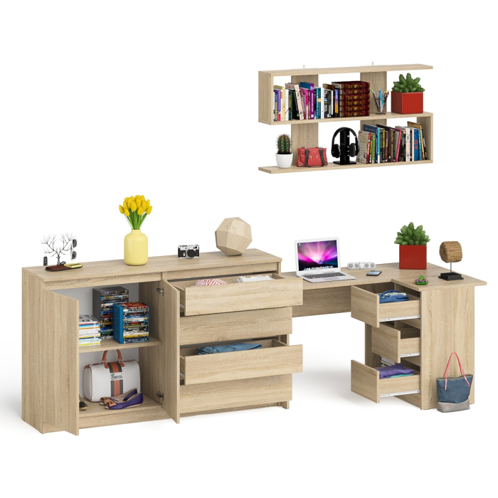 Домашние кабинеты, Тумба-комод МК1600.1 Мори с навесной книжной полкой и угловой компьютерный стол МС-16 правый