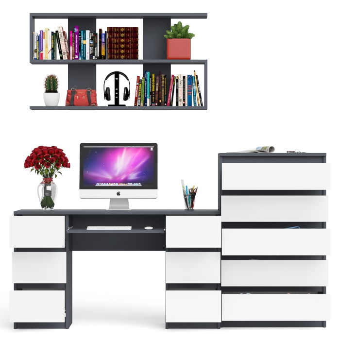 Домашние кабинеты, Стол для работы МС-2 с высоким комодом на пять ящиков и навесной полкой Мори