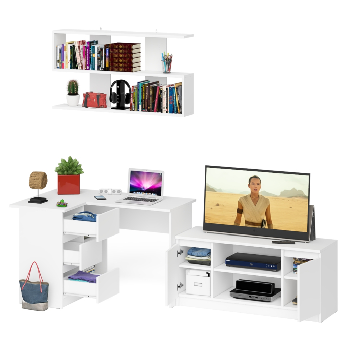 Домашние кабинеты, Угловой стол компьютерный Мори МС-16 левый с тумбой под ТВ и полкой для книг