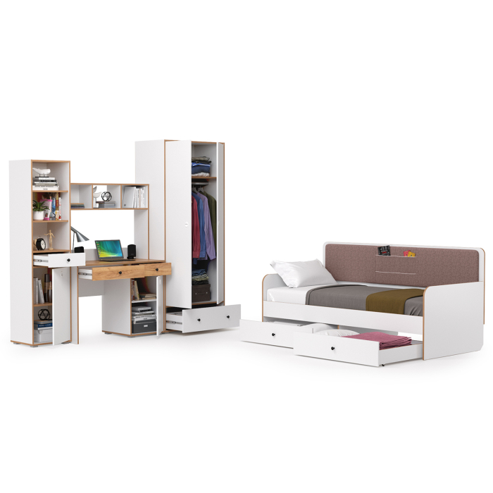 Для девочек, Вуди Компоновка № 36 белый премиум/дуб крафт золотой/саванна латте, сп. м. 900х2000 мм., б/м, о/е, матрас высотой до 200 мм.