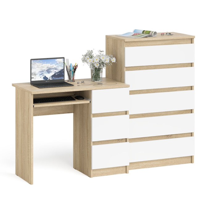 Домашние кабинеты, Высокий комод Мори на 700 5 ящиков и компьютерный стол Мори МС-6 тумба справа