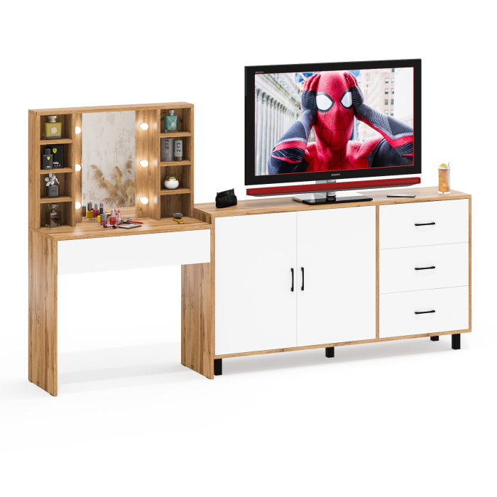 С зеркалом, Косметический cтол с подсветкой и ящиком 115 и комод 123-1604