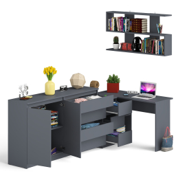 Угловой компьютерный стол с тремя ящиками Мори МС-16 левый с тумбой-комодом и книжной полкой