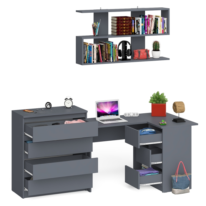 Домашние кабинеты, Книжная навесная полка Мори с угловым компьютерным столом МС-16 правым и комодом Мори МК800.4