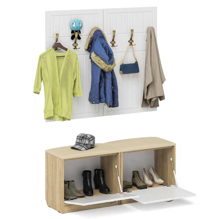 Прихожие, Две обувницы с мягким сиденьем с двумя вешалками для одежды П-6 МДФ фрезеровка прованс